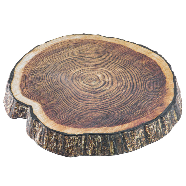 A round, realistic melamine tree stump platter with visible growth rings and textured bark edges, resembling a cross-section of a tree trunk. The smooth surface features brown tones while the outer bark is rough and dark for a natural wooden appearance.