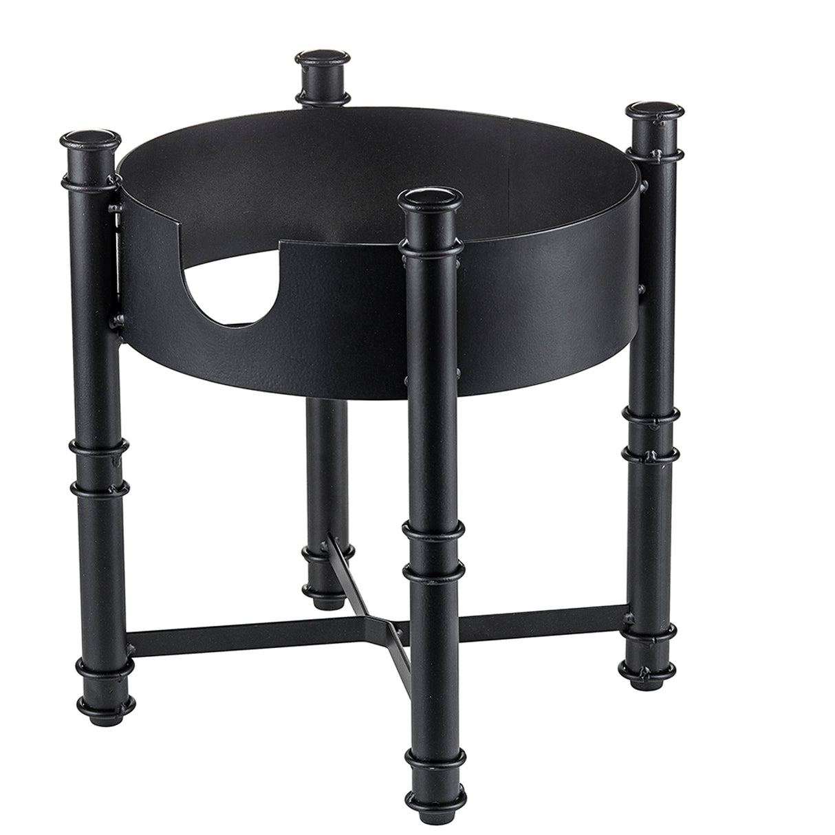 A black metal fire pit log holder with four cylindrical legs resembling bamboo and crossbars for support, inspired by the TableCraft Industrial Collection. The modern, sturdy design doubles as a beverage dispenser base for outdoor gatherings.