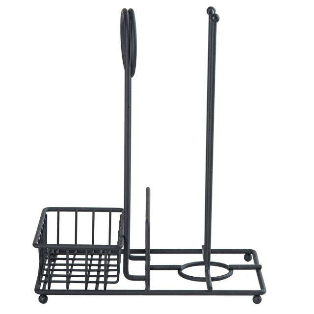 A sleek black steel caddy kitchen organizer with three sections: a square basket for condiments, a vertical ring paper towel caddy, and a tall rod for utensils. It stands on four small ball feet and keeps essentials neatly organized.