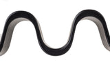 A close-up of a black wavy strip, resembling a TableCraft melamine taco holder, forms a repeating S-shape against a white background. The smooth curves create an undulating wave pattern, with shadows accentuating its shape and depth.