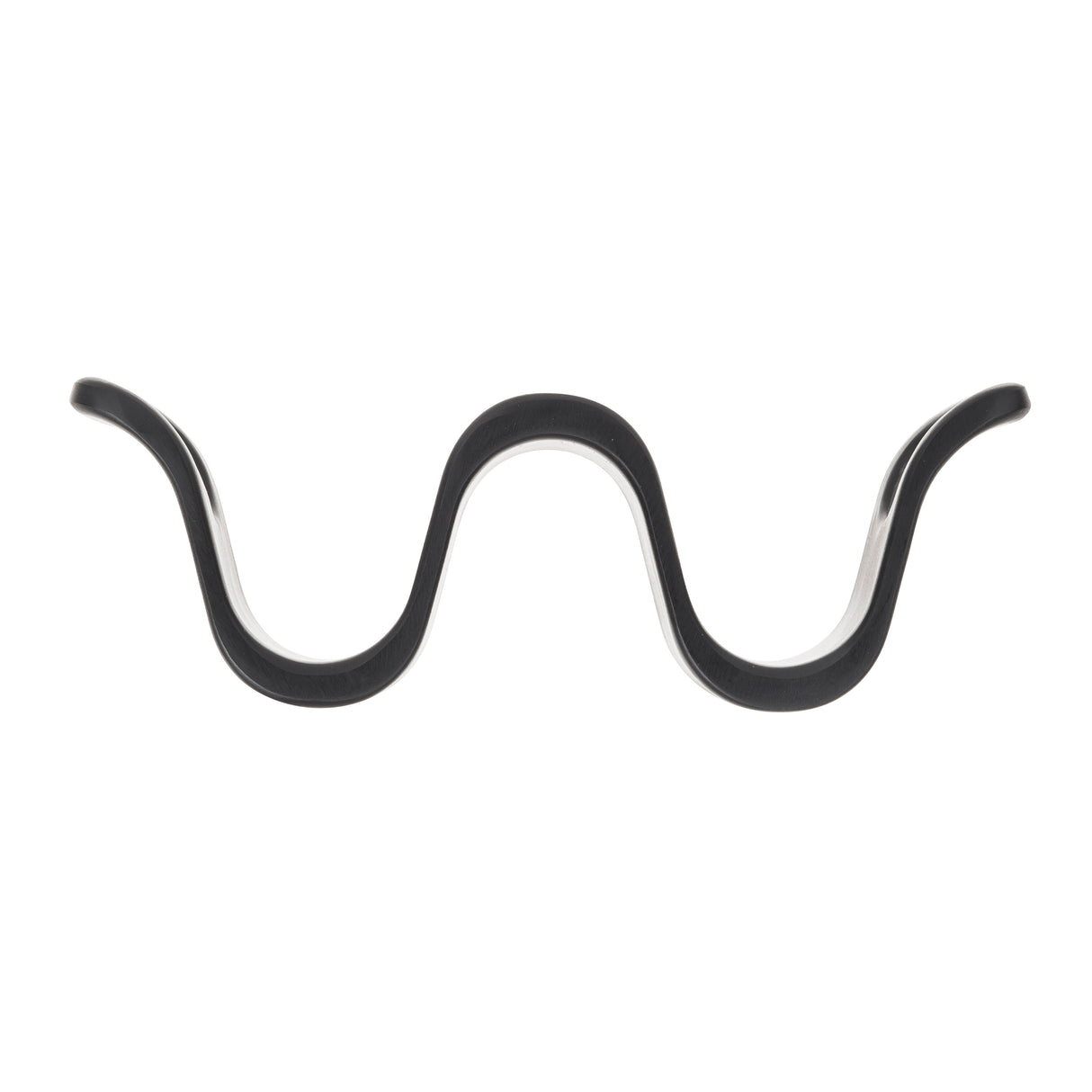 A black, wavy, S-shaped TableCraft object made of melamine is viewed from the front against a white background. The symmetrical item has two upward curves at each end and a downward curve in the center, resembling a Taco Taxi wave pattern.