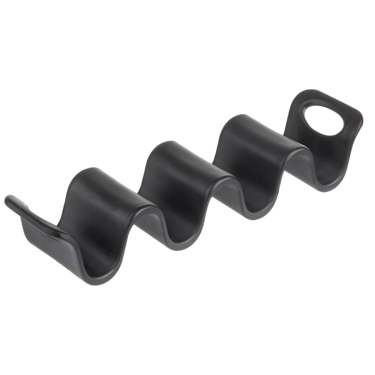 The TableCraft Taco Taxi is a black, wavy melamine taco holder with four curved slots to keep tacos upright. It features a rounded handle with an oval hole for easy gripping or hanging, and its surface is smooth with an elongated, zigzag shape.