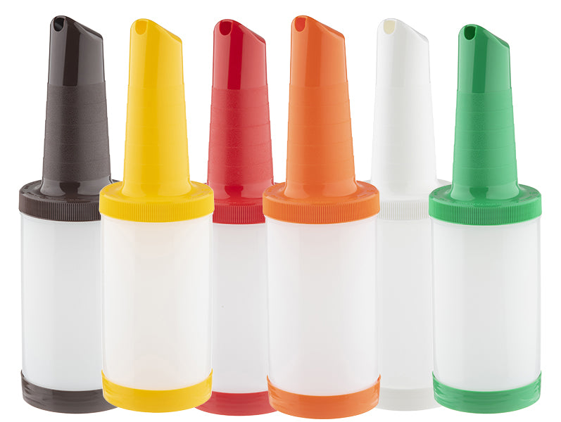 Six quart Pourmaster Complete Unit bottles are lined up in a row. Each features color-coded neck spouts and matching lids—black, yellow, red, orange, white, and green. Their transparent lower halves are empty and appear clean and unused.