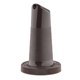A dark brown, cone-shaped TableCraft Pourmaster Neck Spout with a ribbed grip and small angled opening for pouring. The wide circular, threaded base screws onto bottles easily. The matte surface adds to its grip and durability.