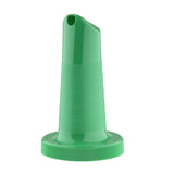 The TableCraft Pourmaster Neck Spout is a green spout with a narrow, angled opening and a wide, ribbed screw-on base, designed to fit bottles for controlled pouring. Horizontal textured grooves provide a secure grip.