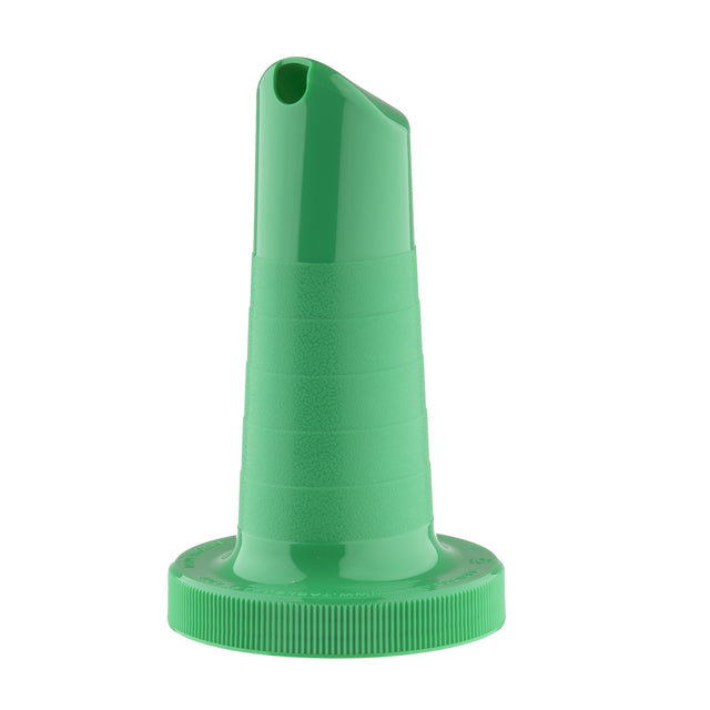 The TableCraft Pourmaster Neck Spout is a green spout with a narrow, angled opening and a wide, ribbed screw-on base, designed to fit bottles for controlled pouring. Horizontal textured grooves provide a secure grip.
