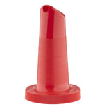 A bright red TableCraft Pourmaster Neck Spout features a ribbed, conical body and wide screw-on base. Its tilted, narrow opening is ideal for pouring liquids, making it perfect as a bottle pourer or oil dispenser with textured grip lines.