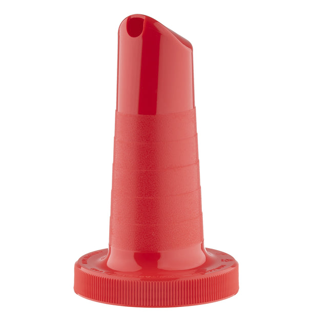 A bright red TableCraft Pourmaster Neck Spout features a ribbed, conical body and wide screw-on base. Its tilted, narrow opening is ideal for pouring liquids, making it perfect as a bottle pourer or oil dispenser with textured grip lines.