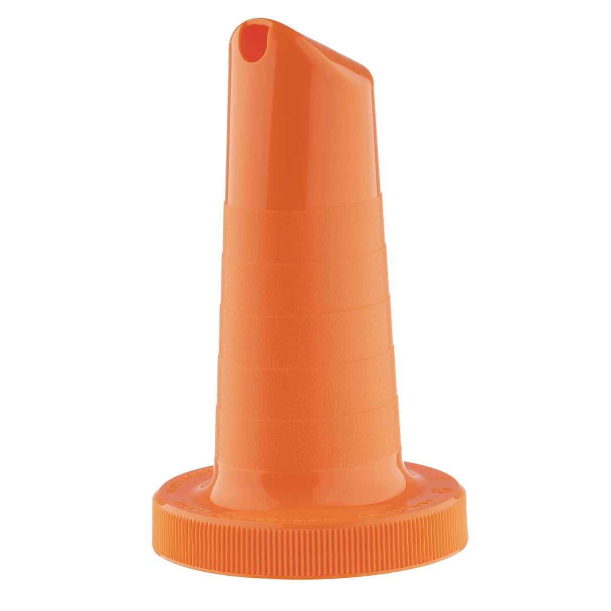 This orange TableCraft Pourmaster Neck Spout features a ridged, cone-shaped body with a small angled opening for controlled pouring. Its round, flat base is wider than the body, ensuring stability while in use.
