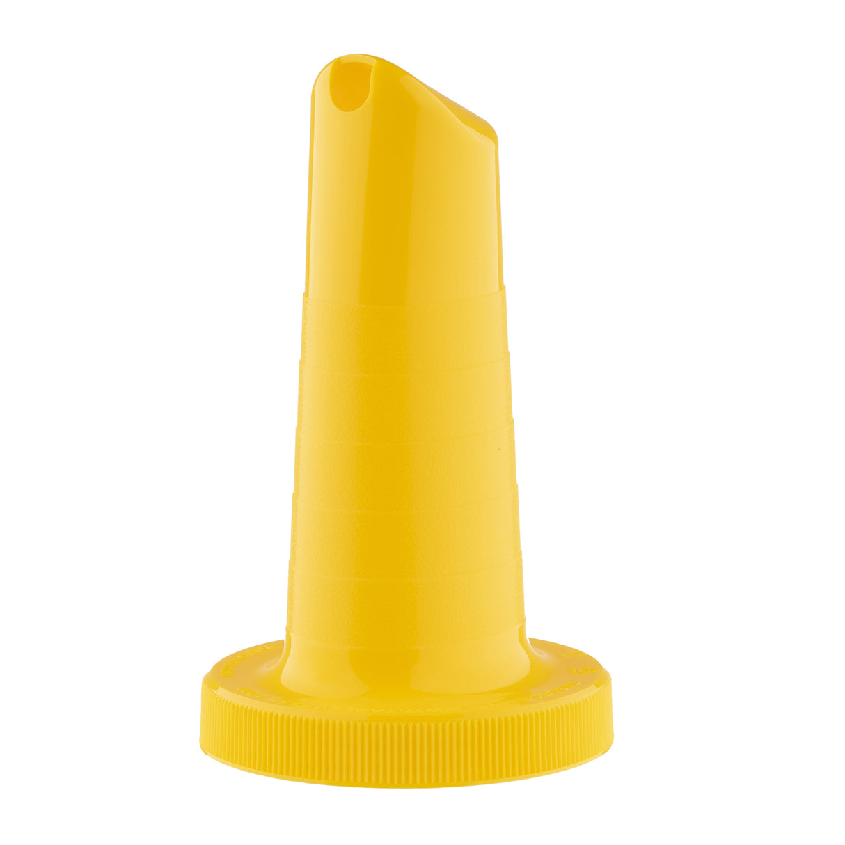A bright yellow TableCraft Products cone-shaped bottle cap with a pointed yellow spout, flat base, and shallow horizontal ridges for grip. A small hole at the top allows dispensing. Lighting is even and the background is plain white.