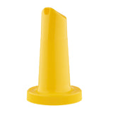 A bright yellow TableCraft Products cone-shaped bottle cap with a pointed yellow spout, flat base, and shallow horizontal ridges for grip. A small hole at the top allows dispensing. Lighting is even and the background is plain white.