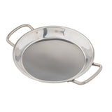 A round, shallow Mini Paella Pan with two curved handles on opposite sides. This induction safe, stainless steel pan has a shiny, reflective surface and is photographed against a plain white background, displaying both the inside and handles clearly.