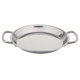 A shiny, stainless steel mini paella pan with two curved handles sits on a white background. Its reflective surface and rounded edges make it ideal for cooking or serving food, and it's induction safe for versatile kitchen use.