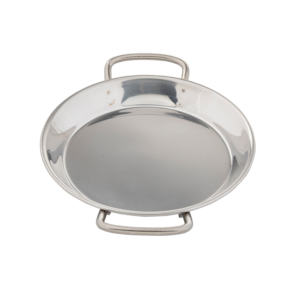 A shiny, round stainless steel Mini Paella Pan with two sturdy handles sits on a white background. Its smooth, reflective surface is induction safe, featuring no visible markings or contents.