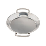A shiny, round stainless steel Mini Paella Pan with two sturdy handles sits on a white background. Its smooth, reflective surface is induction safe, featuring no visible markings or contents.