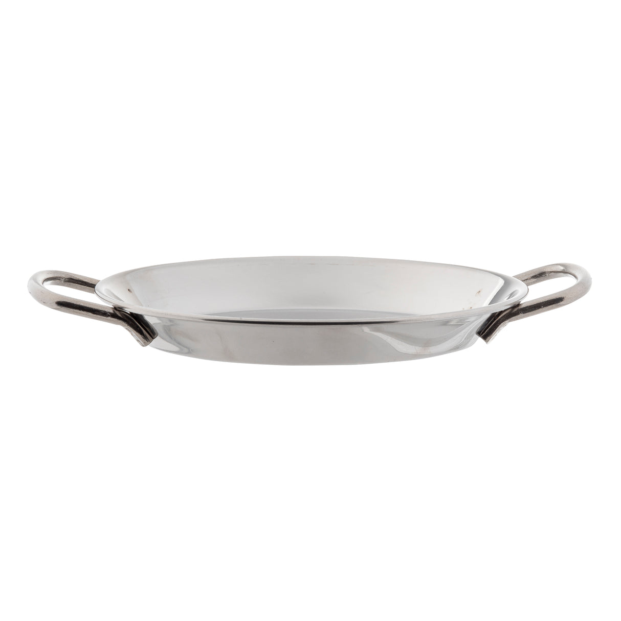 A round, shallow mini paella pan made of stainless steel with a reflective surface and two sturdy, curved handles on opposite sides, photographed against a plain white background. The dish features a simple, functional design.