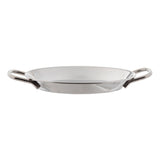 A round, shallow mini paella pan made of stainless steel with a reflective surface and two sturdy, curved handles on opposite sides, photographed against a plain white background. The dish features a simple, functional design.