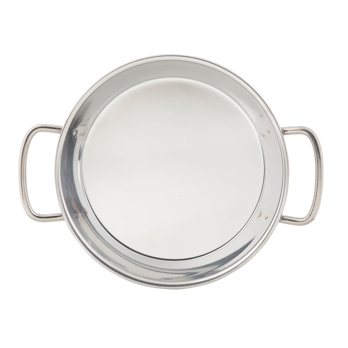 A round, stainless steel pot with a shiny, reflective surface is shown from above. Featuring two metal handles and an induction safe design, this versatile Mini Paella Pan sits empty against a plain white background.