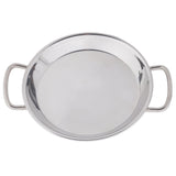 A round, stainless steel Mini Paella Pan with a shiny surface and two sturdy handles on opposite sides, induction safe and photographed from above against a white background.