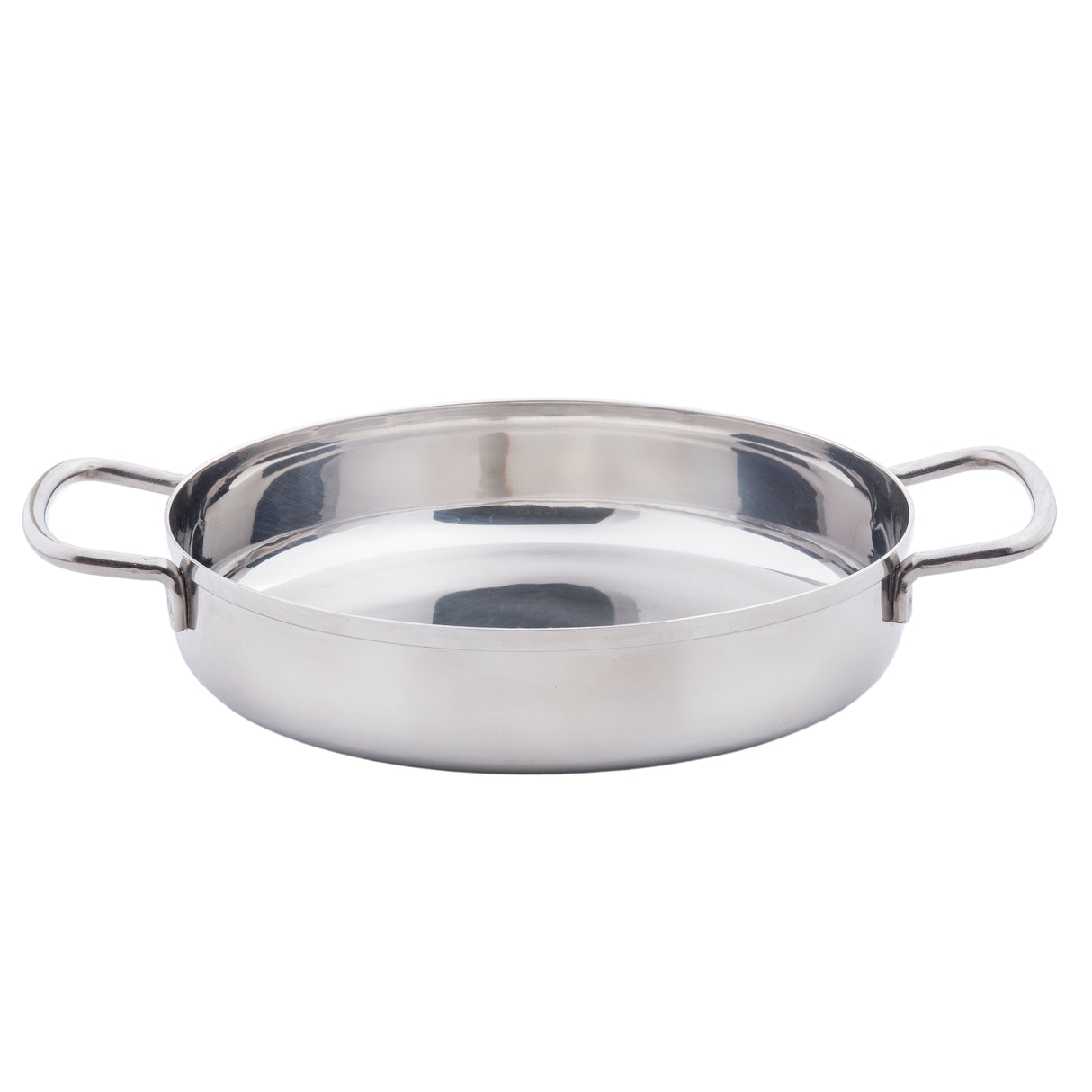 A shiny, round stainless steel mini brazier with two sturdy handles on opposite sides, set against a white background. The pan features a wide, flat base and slightly curved sides, reflecting light on its polished surface. Induction safe.