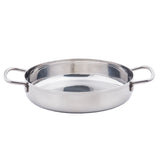 A shiny, round stainless steel mini brazier with two sturdy handles on opposite sides, set against a white background. The pan features a wide, flat base and slightly curved sides, reflecting light on its polished surface. Induction safe.