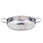 A shiny, round stainless steel mini brazier with two sturdy handles on opposite sides, set against a white background. The pan features a wide, flat base and slightly curved sides, reflecting light on its polished surface. Induction safe.