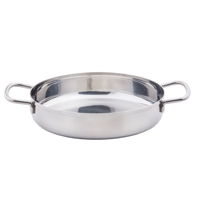 A shiny, round stainless steel mini brazier with two sturdy handles on opposite sides, set against a white background. The pan features a wide, flat base and slightly curved sides, reflecting light on its polished surface. Induction safe.