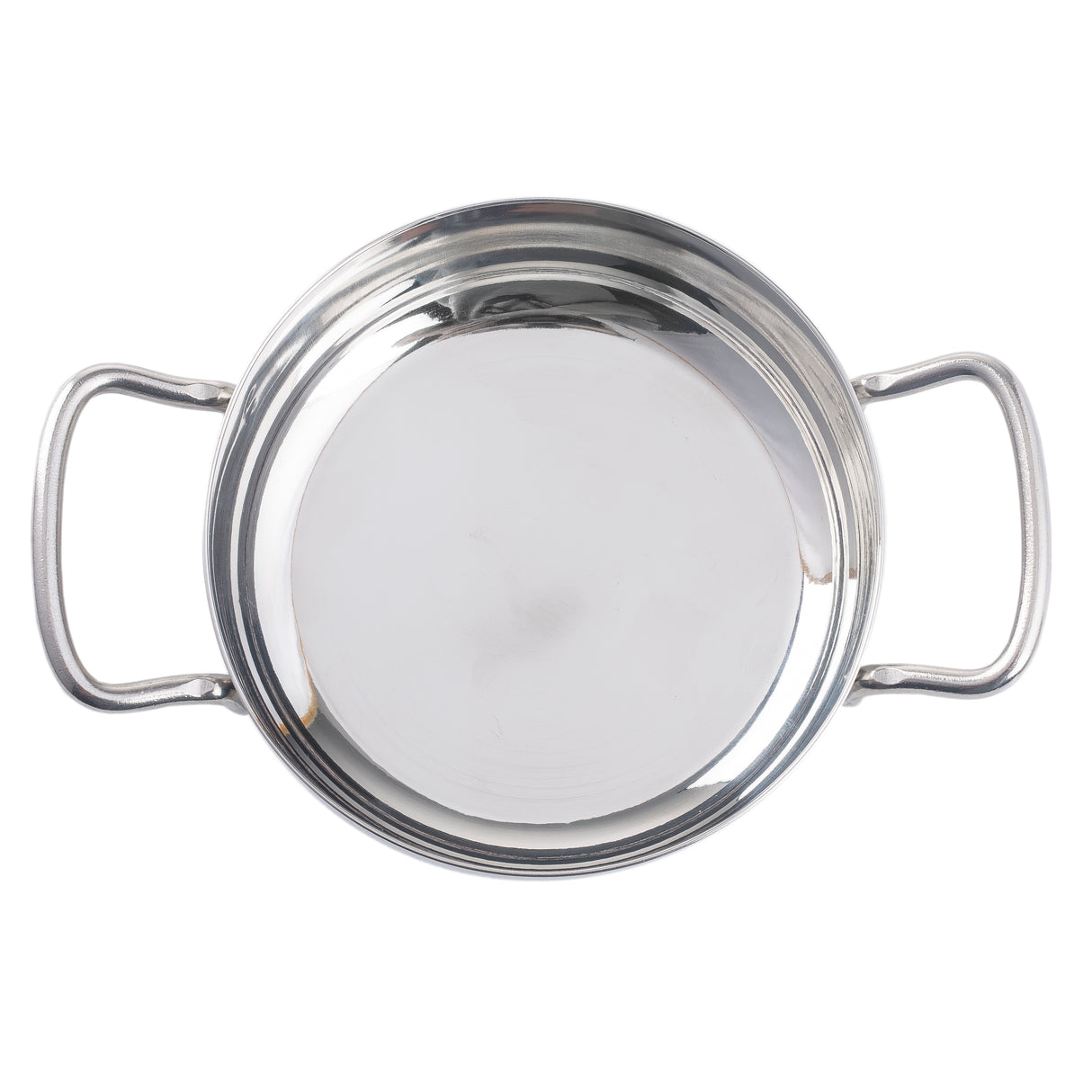 A shiny stainless steel mini brazier viewed from above, featuring two rounded handles on opposite sides. The pot has a smooth, reflective surface and is induction safe, with no visible markings or contents inside.