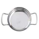 A shiny stainless steel mini brazier viewed from above, featuring two rounded handles on opposite sides. The pot has a smooth, reflective surface and is induction safe, with no visible markings or contents inside.