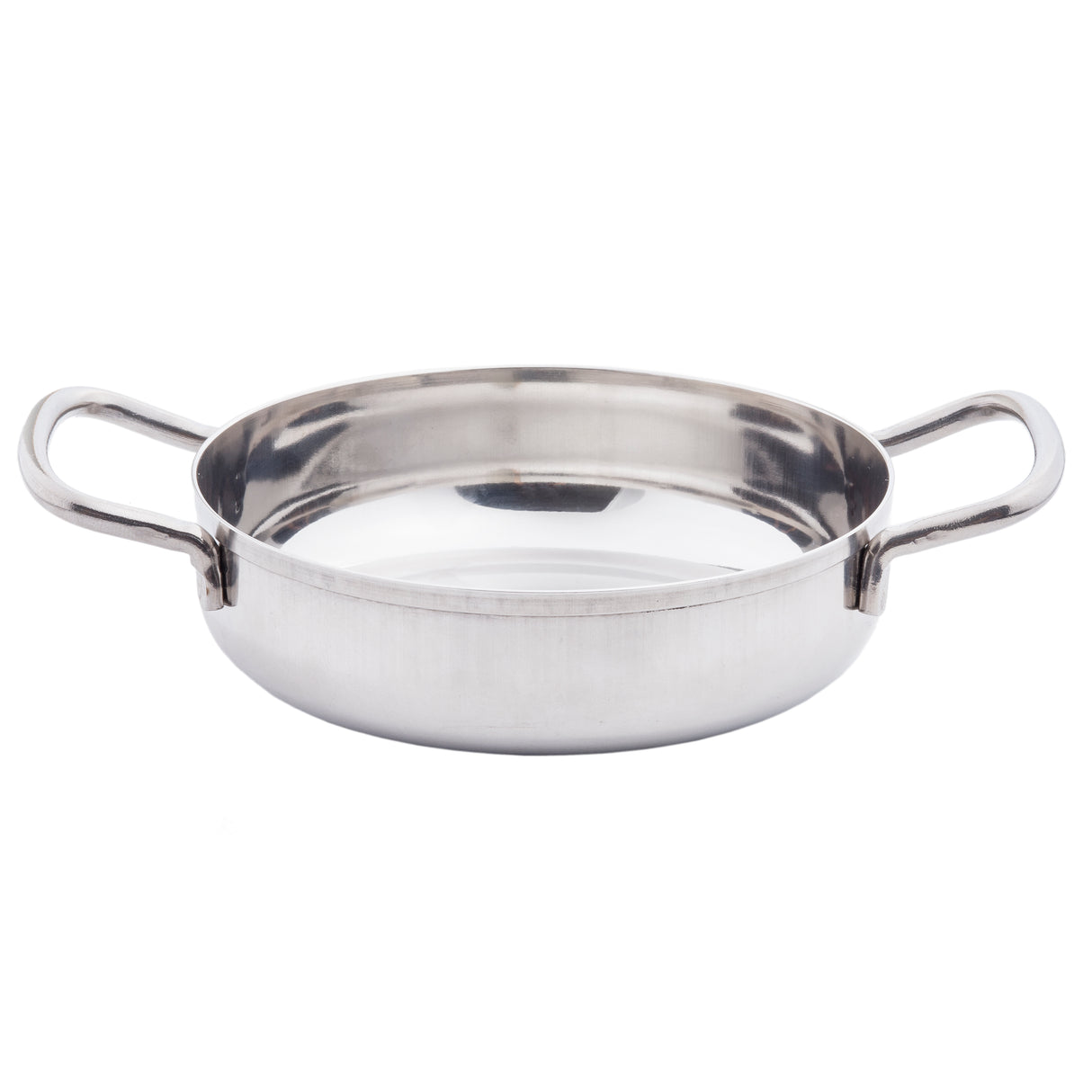 A shiny stainless steel Mini Brazier with two wide, curved handles on opposite sides sits on a white background. The pan has straight sides and a flat base, making it induction safe and perfect for cooking or serving food.
