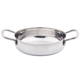 A shiny stainless steel Mini Brazier with two wide, curved handles on opposite sides sits on a white background. The pan has straight sides and a flat base, making it induction safe and perfect for cooking or serving food.