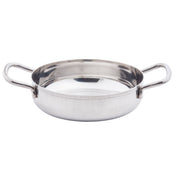 A shiny stainless steel Mini Brazier with two wide, curved handles on opposite sides sits on a white background. The pan has straight sides and a flat base, making it induction safe and perfect for cooking or serving food.