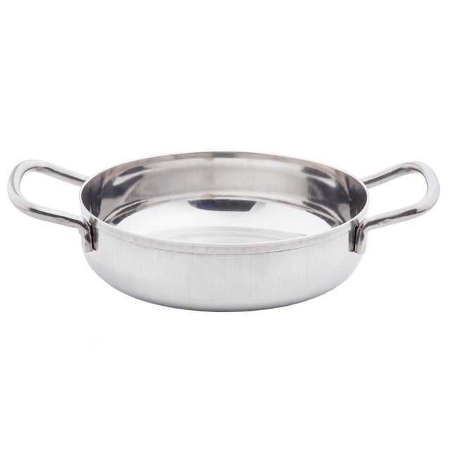 A shiny stainless steel Mini Brazier with two wide, curved handles on opposite sides sits on a white background. The pan has straight sides and a flat base, making it induction safe and perfect for cooking or serving food.