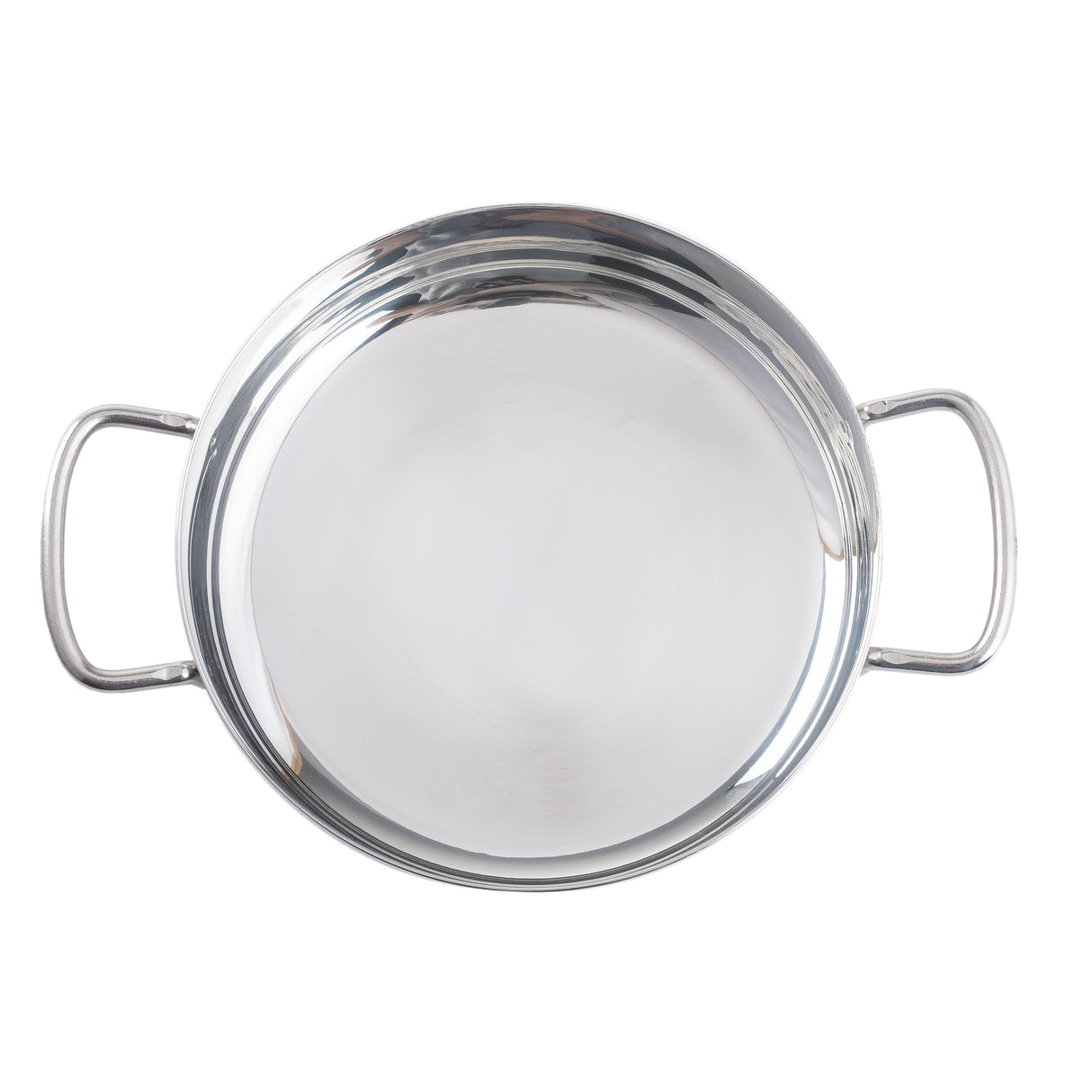 A shiny, round stainless steel mini brazier with two curved handles sits empty, viewed from above against a white background. Its smooth, reflective surface highlights its induction safe design.