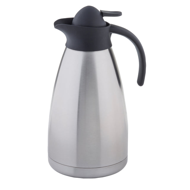 A stainless steel coffee carafe with a brushed silver body, black plastic lid, spout, and handle. This vacuum insulated carafe is designed to keep beverages hot or cold and is set against a plain white background.