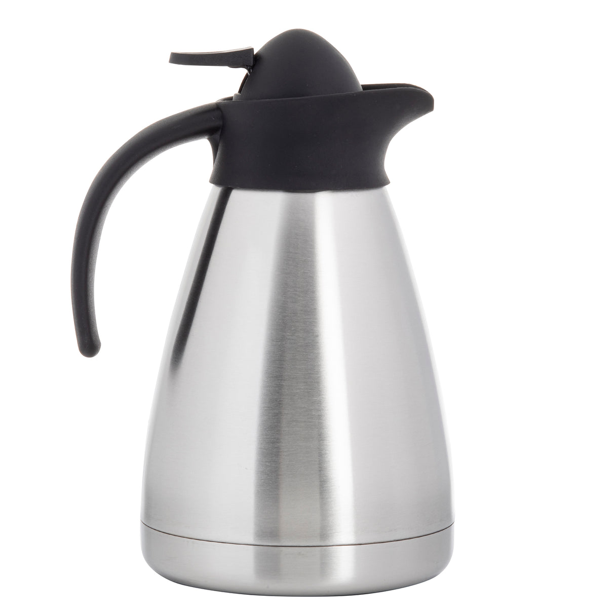 A stainless steel coffee carafe with a black plastic handle and lid. This vacuum insulated carafe has a sleek, cylindrical design with a slightly tapered body, keeping beverages hot or cold. The spout is integrated into the lid for easy pouring.