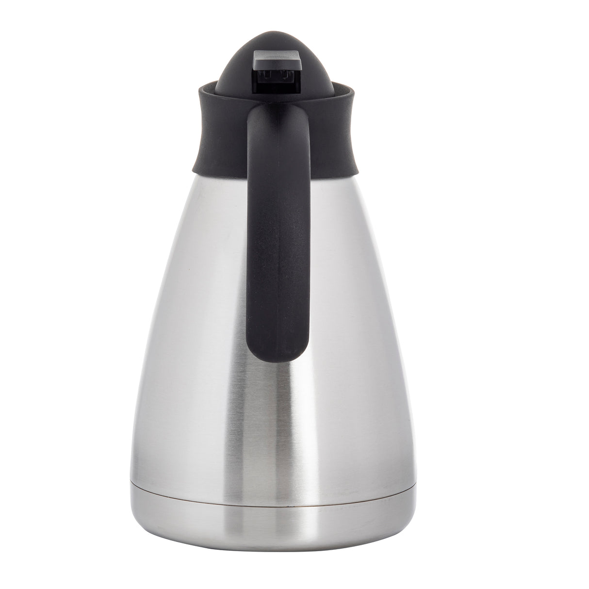 A stainless steel, vacuum insulated Coffee Carafe with a black plastic handle and lid, shown upright against a white background. The carafe features a sleek, cone-shaped design and spout for pouring, perfect for keeping beverages hot or cold.