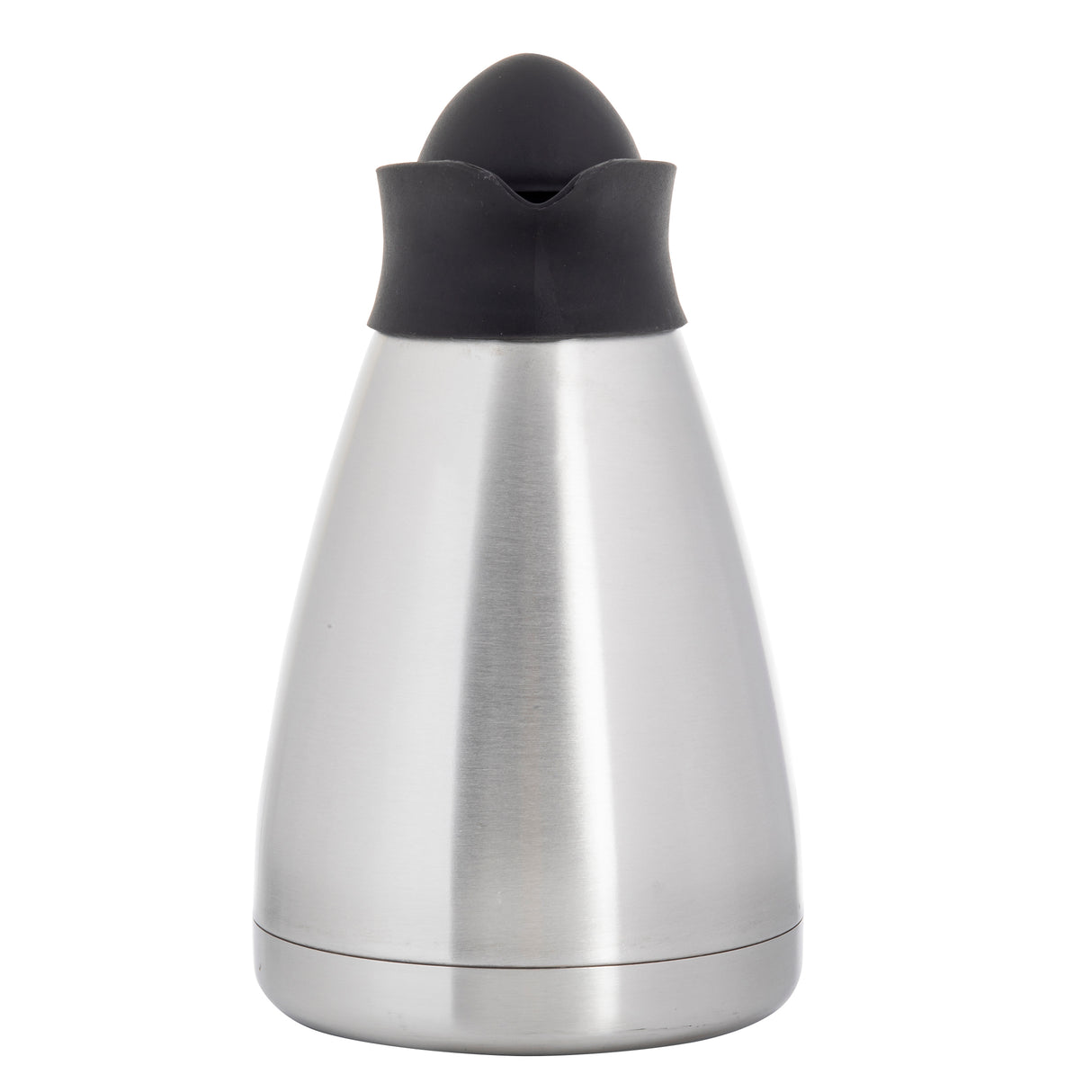 A vacuum insulated stainless steel coffee carafe with a brushed finish, featuring a black, dome-shaped lid and a slightly tapered, rounded body. It stands upright against a plain white background, highlighting its modern, sleek design.