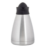 A vacuum insulated stainless steel coffee carafe with a brushed finish, featuring a black, dome-shaped lid and a slightly tapered, rounded body. It stands upright against a plain white background, highlighting its modern, sleek design.