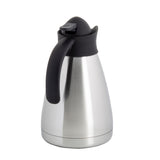 A stainless steel coffee carafe with a black plastic handle and lid. This vacuum insulated carafe has a matte silver finish, a rounded tapering body, and a push-button spout to keep beverages hot or cold for hours.
