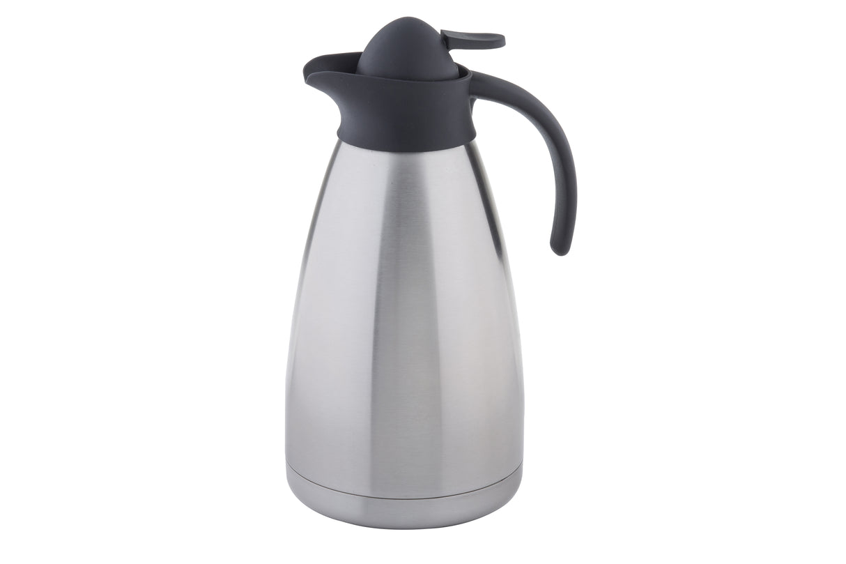 A stainless steel Coffee Carafe with a wide, rounded body, black plastic lid, and curved handle. Its vacuum insulated design keeps beverages hot or cold. The modern, sleek carafe is shown against a white background.