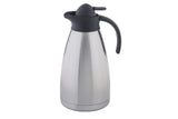 A stainless steel Coffee Carafe with a wide, rounded body, black plastic lid, and curved handle. Its vacuum insulated design keeps beverages hot or cold. The modern, sleek carafe is shown against a white background.