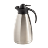 A vacuum insulated Coffee Carafe made of stainless steel with a black plastic lid and handle, designed to keep beverages hot or cold. It features a sleek, brushed metal finish and a curved spout for pouring. Background is plain white.