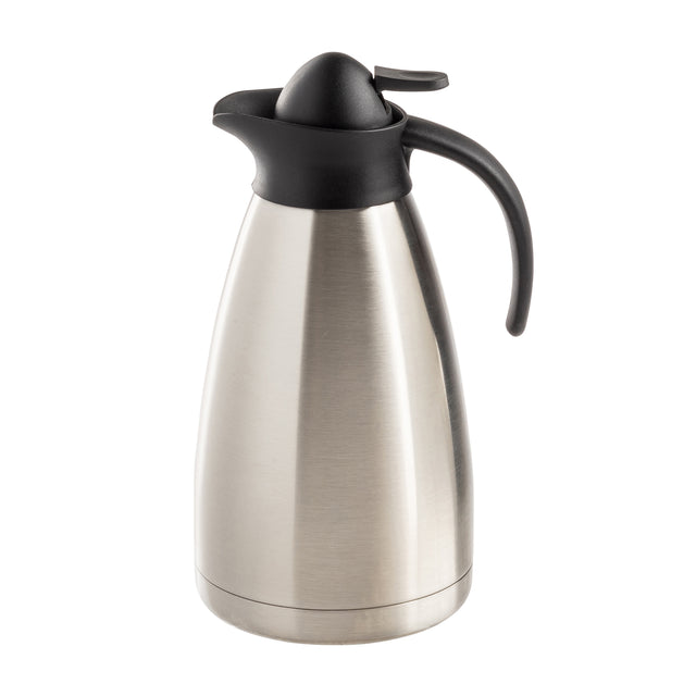 A vacuum insulated Coffee Carafe made of stainless steel with a black plastic lid and handle, designed to keep beverages hot or cold. It features a sleek, brushed metal finish and a curved spout for pouring. Background is plain white.