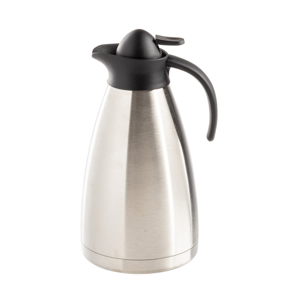A vacuum insulated Coffee Carafe with a stainless steel body, black plastic spout, lid, and handle sits on a white background. Its sleek, slightly tapered cylindrical design features a convenient lever on the lid for easy pouring.