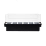 A black rectangular TableCraft bar condiment holder with six pint inserts and a transparent hinged lid, shown open. The plain white background highlights the container's simple, functional design.