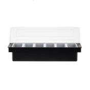A black rectangular TableCraft bar condiment holder with six pint inserts and a transparent hinged lid, shown open. The plain white background highlights the container's simple, functional design.