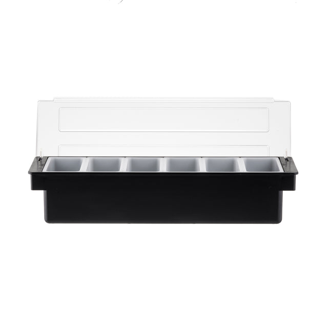 A black rectangular TableCraft bar condiment holder with six pint inserts and a transparent hinged lid, shown open. The plain white background highlights the container's simple, functional design.