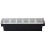 A rectangular black plastic seed tray with 6 pint inserts, similar to a TableCraft bar condiment holder, features a clear lid that fits snugly, allowing visibility into the tray while maintaining humidity for seedlings.