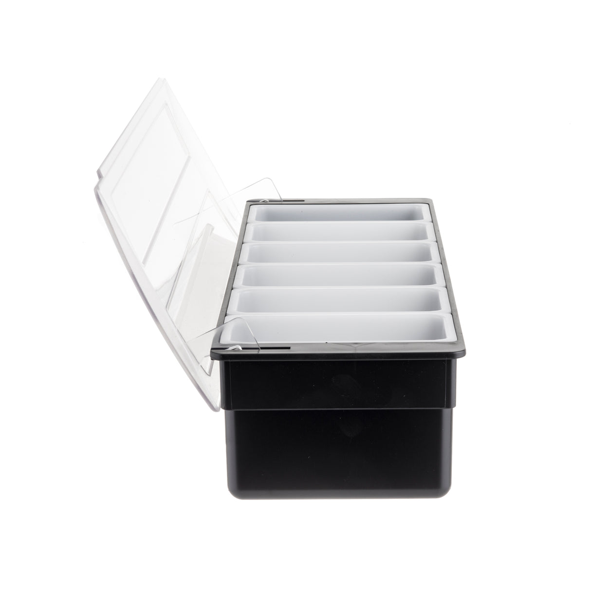 A black rectangular plastic ice cube tray with a transparent hinged lid, shown from a side angle. Similar to a bar condiment holder like TableCraft’s, it features eight compartments for making ice cubes. The background is white.